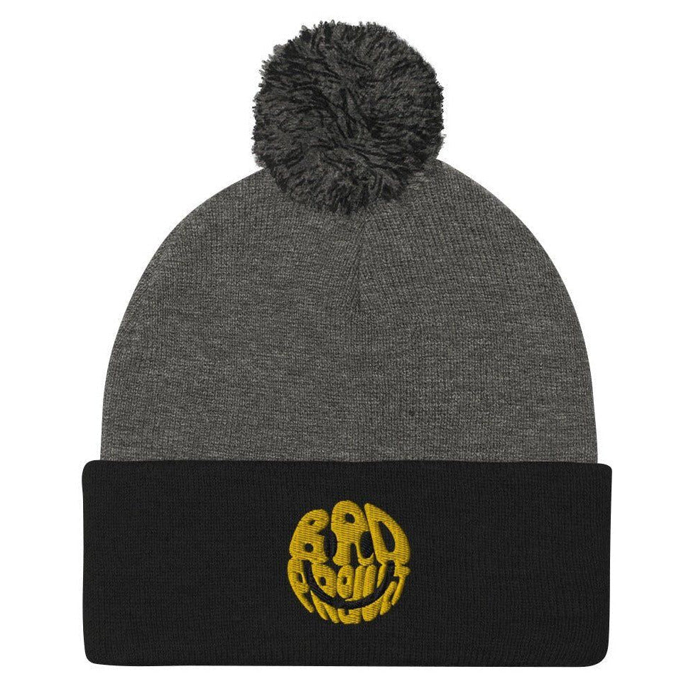 Smiley Pom Beanie - Dark Heather Grey/ Black