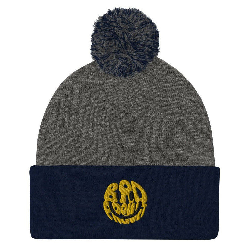 Smiley Pom Beanie - Dark Heather Grey/ Navy