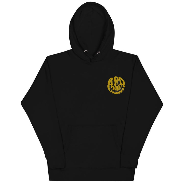 Black hoodie featuring an embroidered gold smiley logo