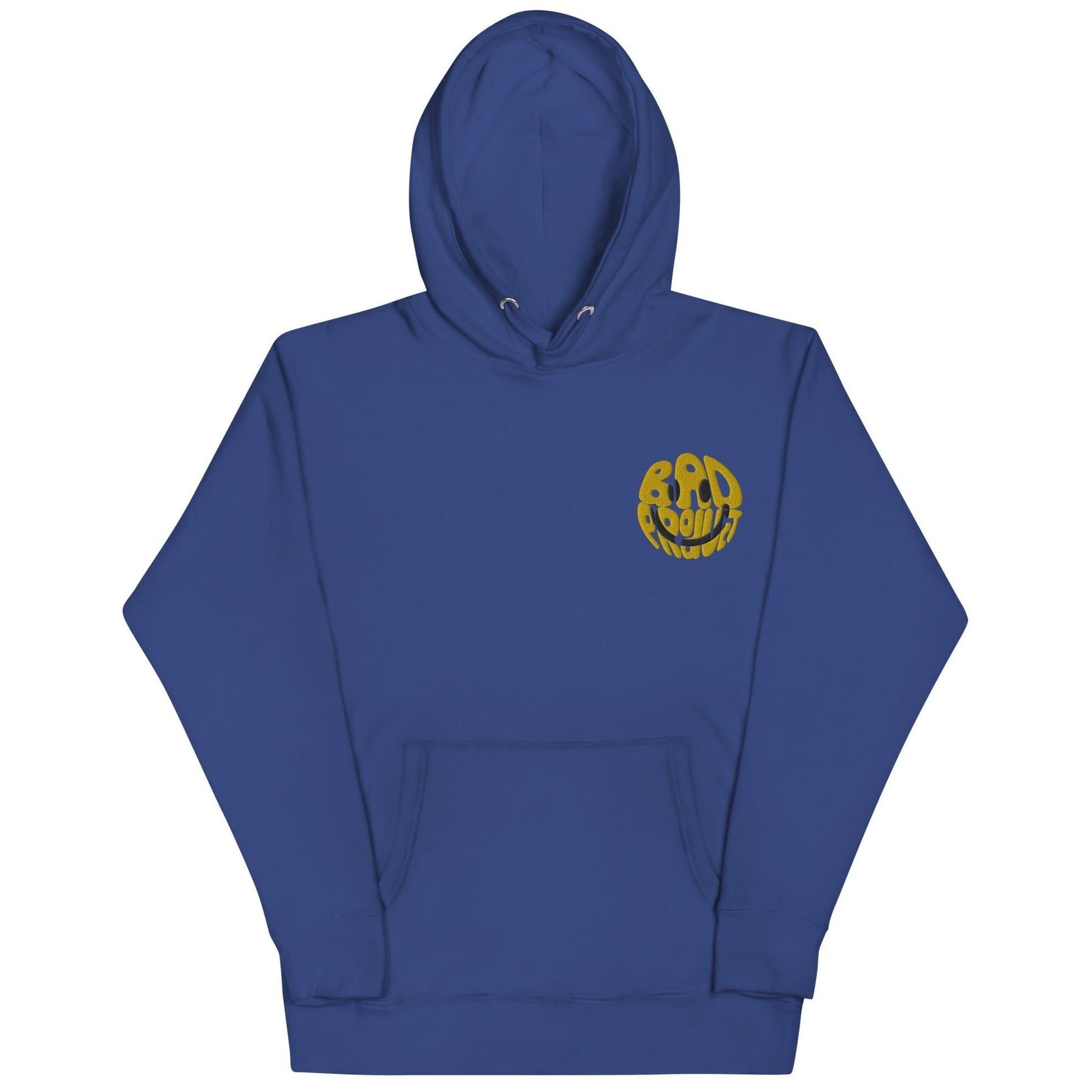 Royal Blue hoodie featuring an embroidered gold smiley logo