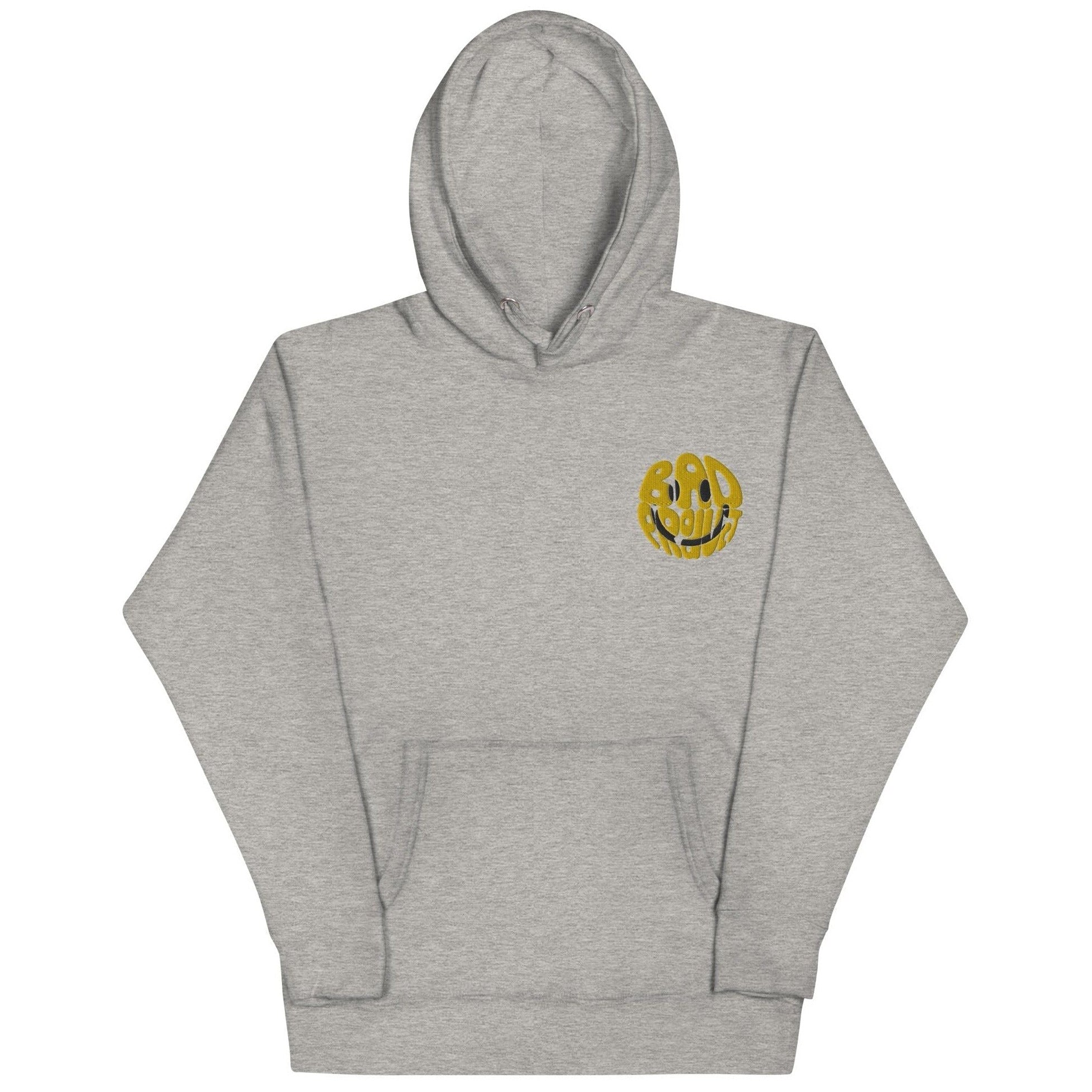 Gray hoodie featuring an embroidered gold smiley logo