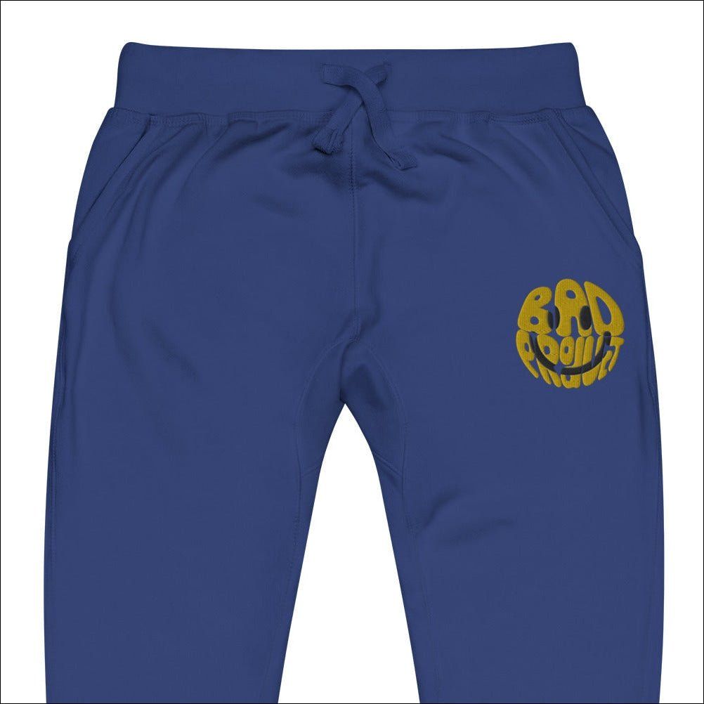 Royal Blue Embroidered Smiley Joggers with a gold smiley face detail