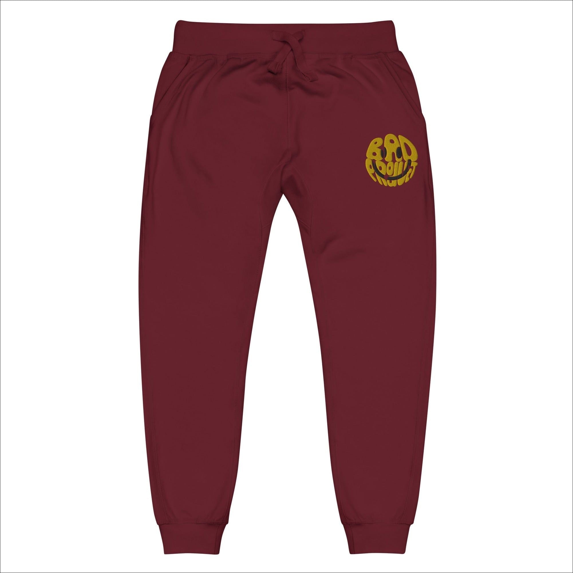 Maroon Embroidered Smiley Joggers with a gold smiley face detail