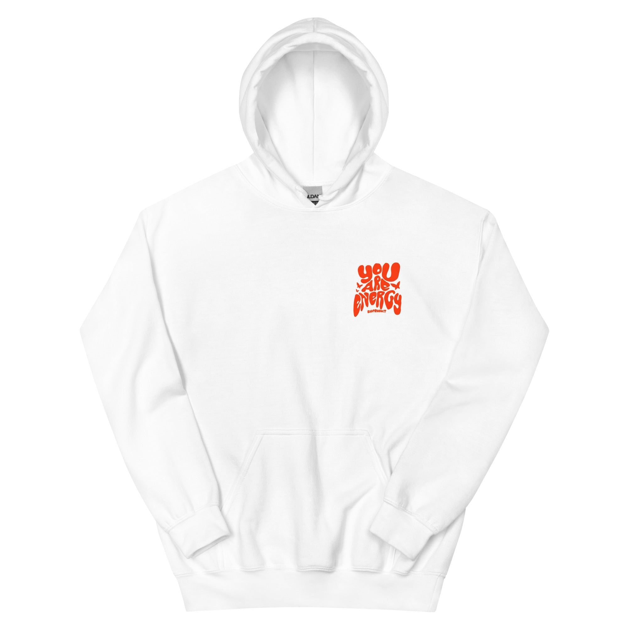Front of White 'Energy Hoodie' with orange lettering detail