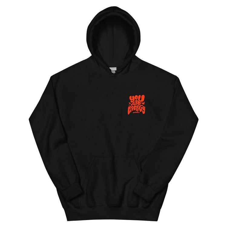 Front of Black 'Energy Hoodie' with orange lettering detail