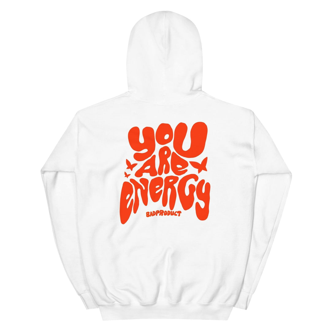 Back of White 'Energy Hoodie' with orange lettering detail