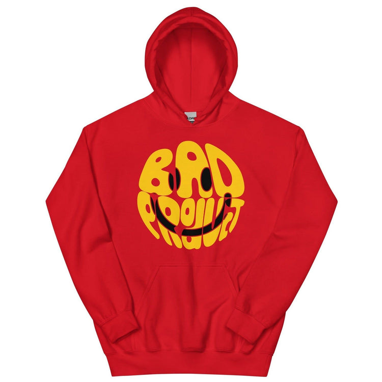 Red  'Essentials Smiley' hoodie with a yellow smiley face design