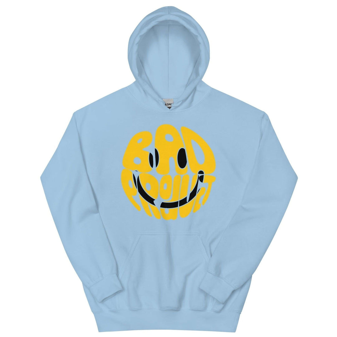 Blue 'Essentials Smiley' hoodie with a yellow smiley face design