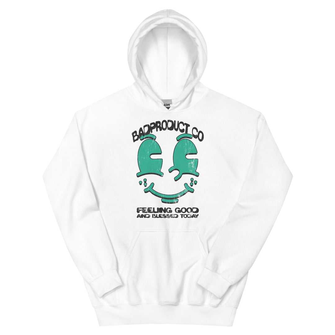 White 'Good & Blessed Hoodie' with inspirational text on the front