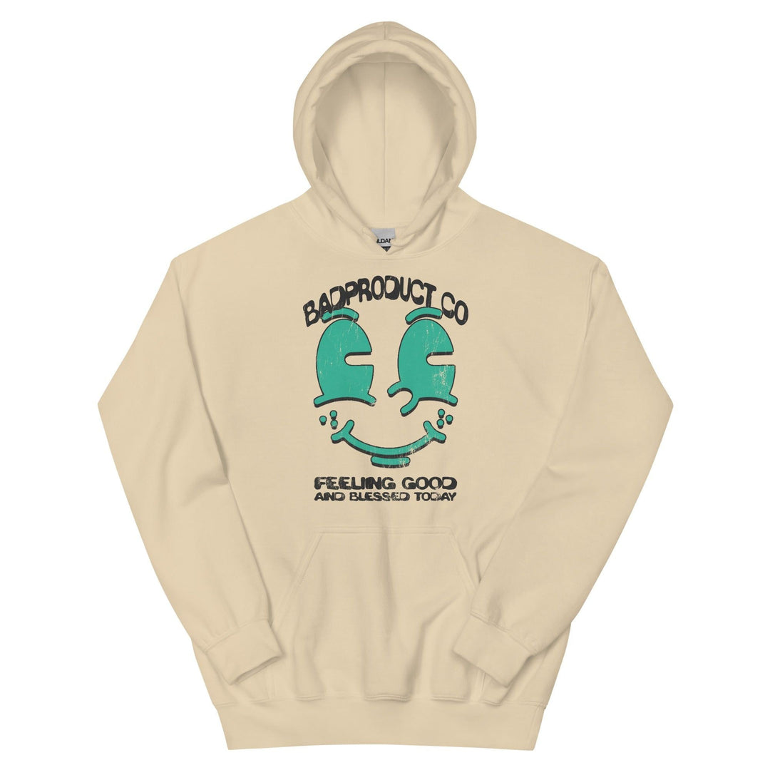 Sand 'Good & Blessed Hoodie' with inspirational text on the front