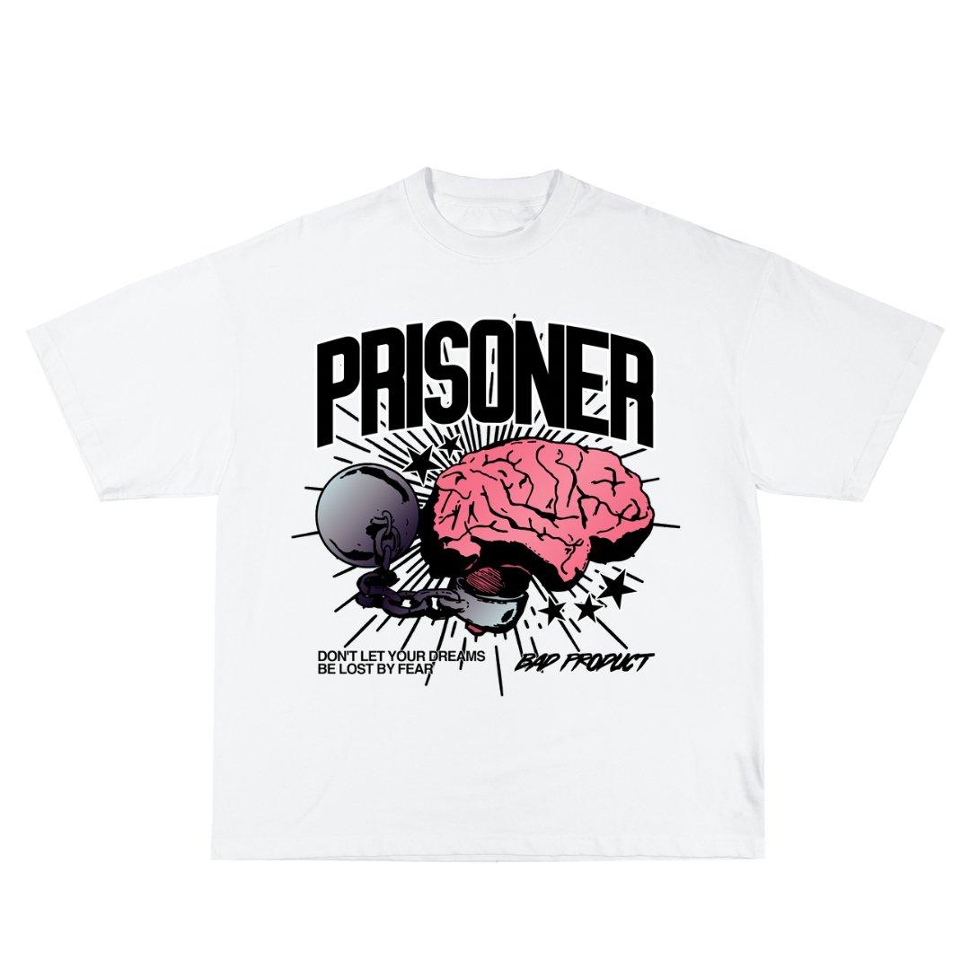 White 'Prisoner Tee' with pink brain graphic and 'Prisoner' text