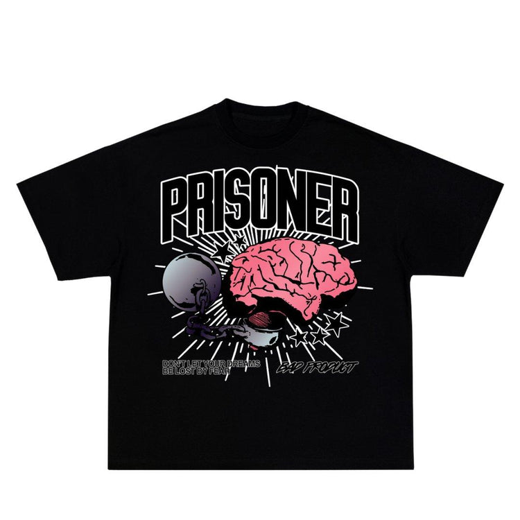 Black 'Prisoner Tee' with pink brain graphic and 'Prisoner' text