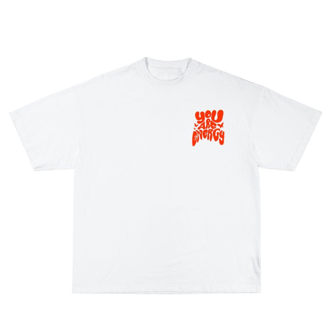 Front view of the white 'You Are Energy Tee' with orange script